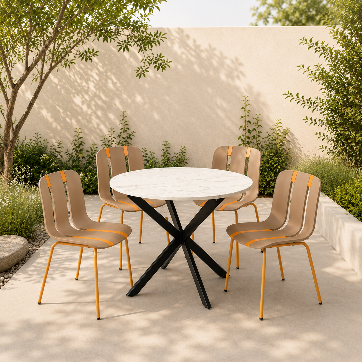 Modern White Marble Extendable Table, 100x100cm to 140x100cm With Mocca Chairs