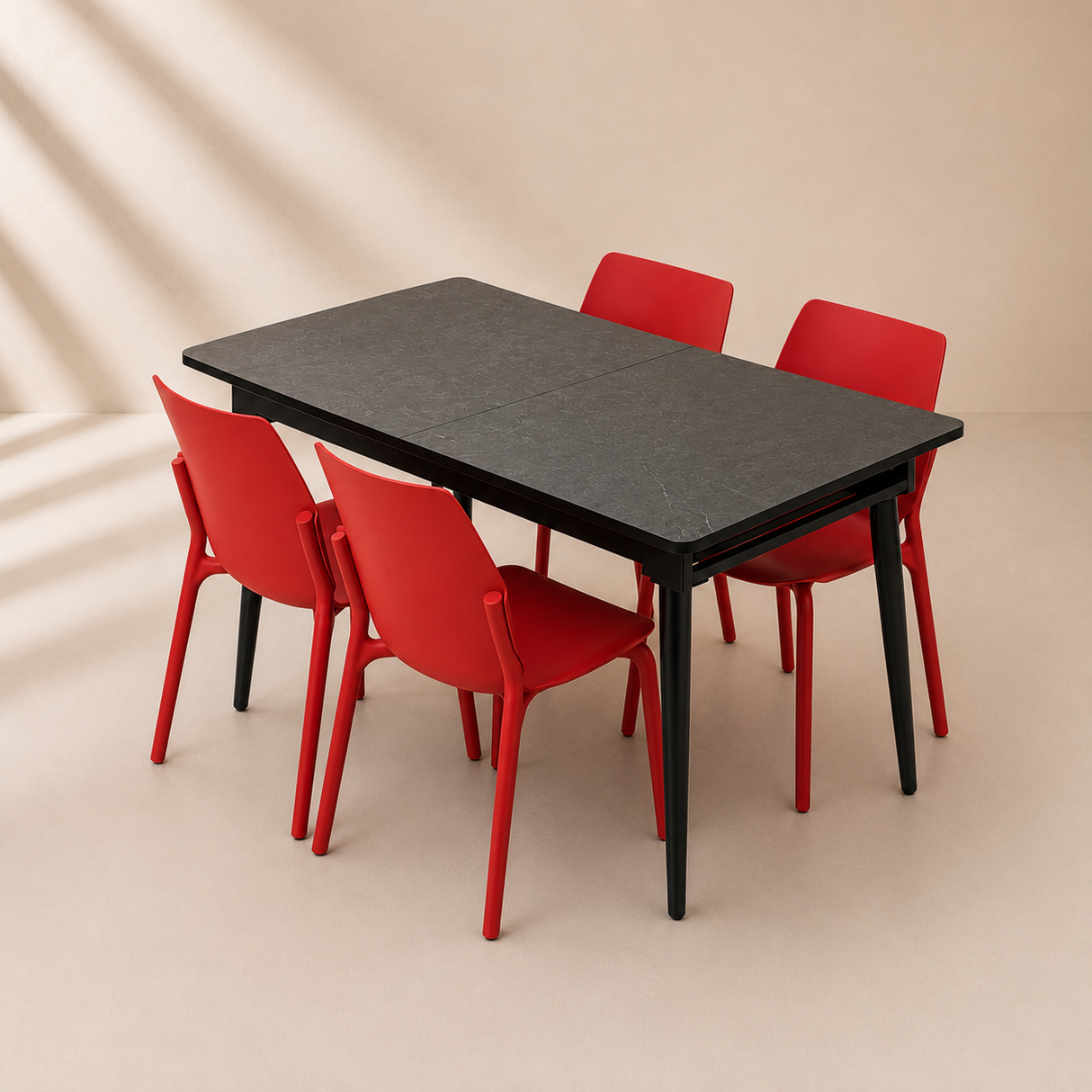 Extendable Dining Table, 120x80cm to 155x80cm With Red Chairs