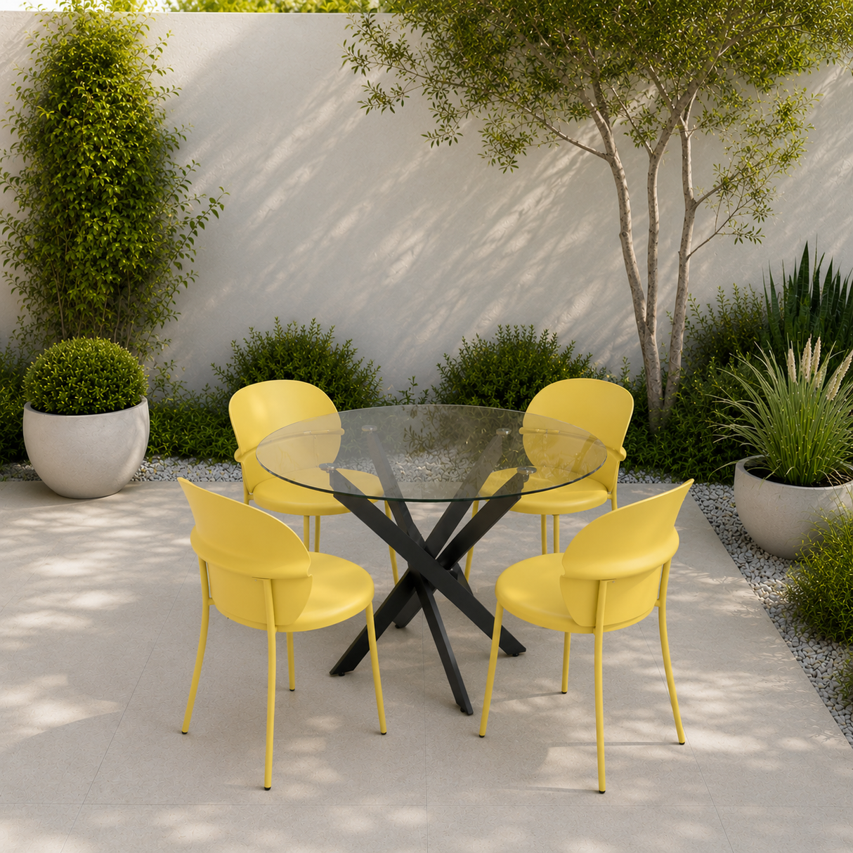 Modern Glass Table 90cm with 4 Yellow Chairs