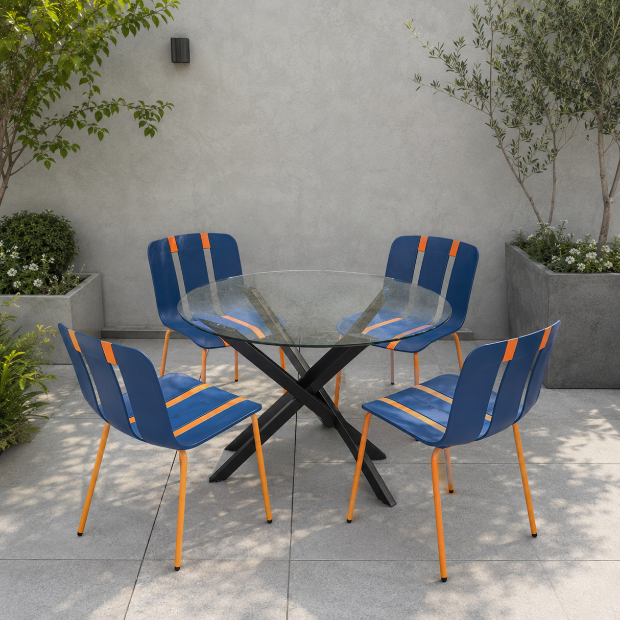 Modern Glass Table 90cm with 4 Blue Chairs