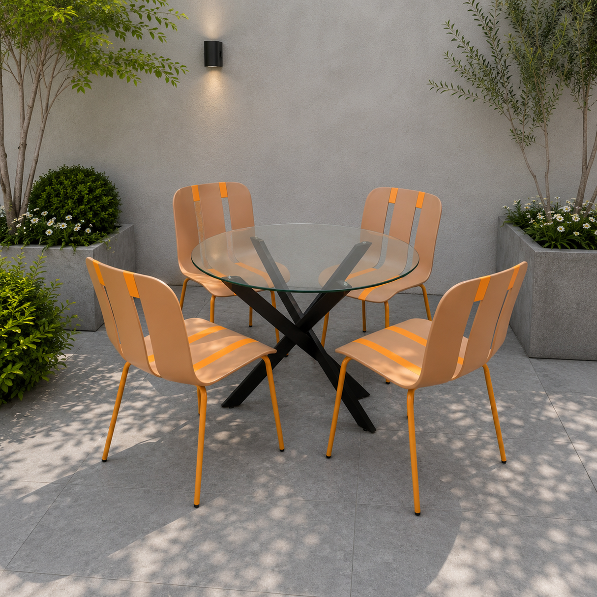 Modern Glass Table 90cm with 4 Mocca Chairs