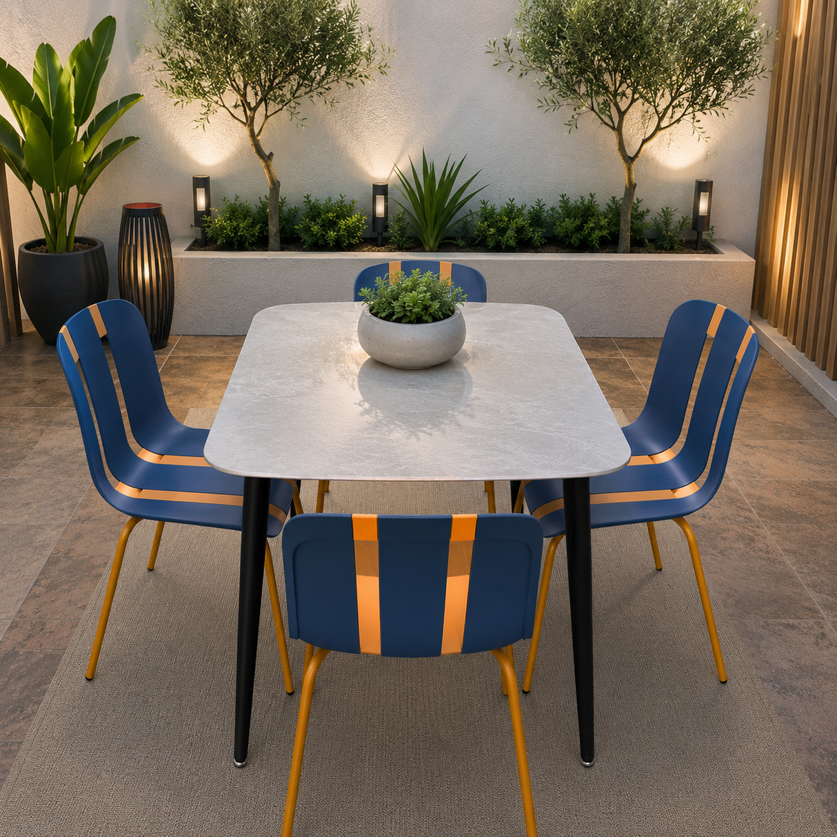 Ceramic table, Grey Finish 118x78cm With 4 Blue chairs