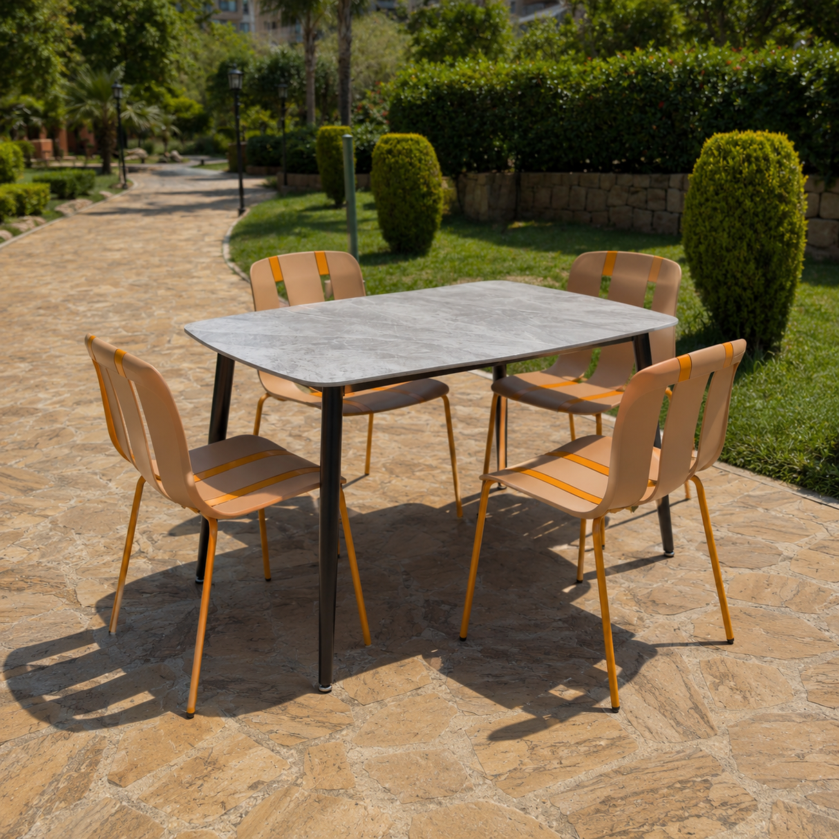 Ceramic table, Grey Finish 118x78cm With 4 Mocca chairs