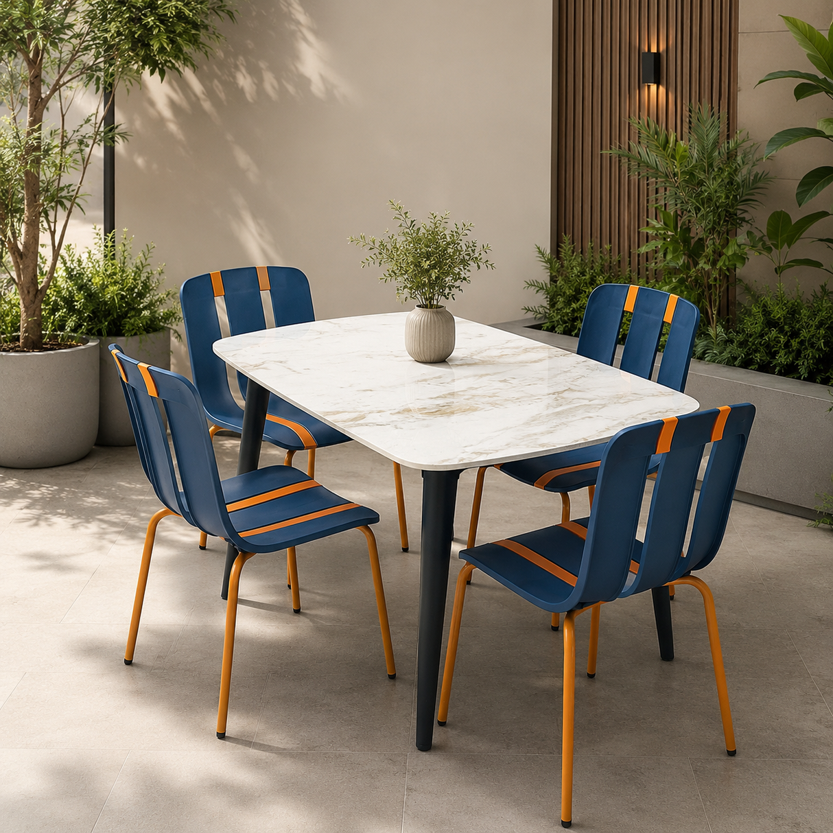 Ceramic Dining Table, White & Beige Finish 118x78cm With 4 Blue  Chairs