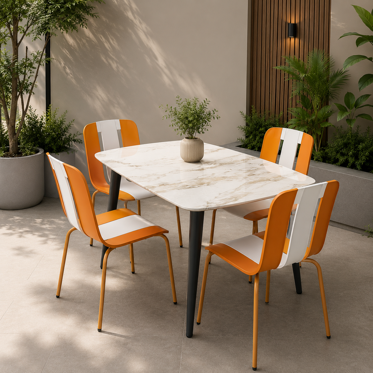 Ceramic Dining Table, White & Beige Finish 118x78cm With 4 Orange Chairs