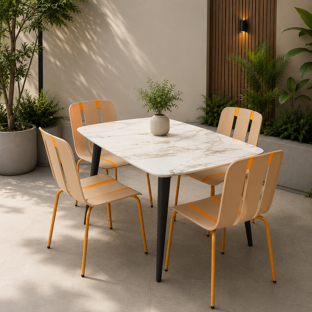 Ceramic Dining Table, White & Beige Finish 118x78cm With 4 Mocca Chairs