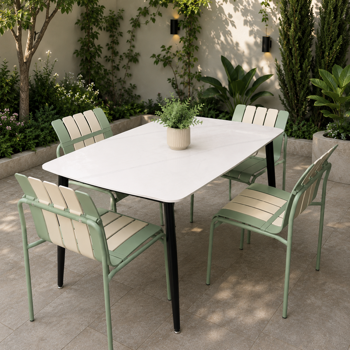 Ceramic table, White Finish 118x78cm With 4 chairs