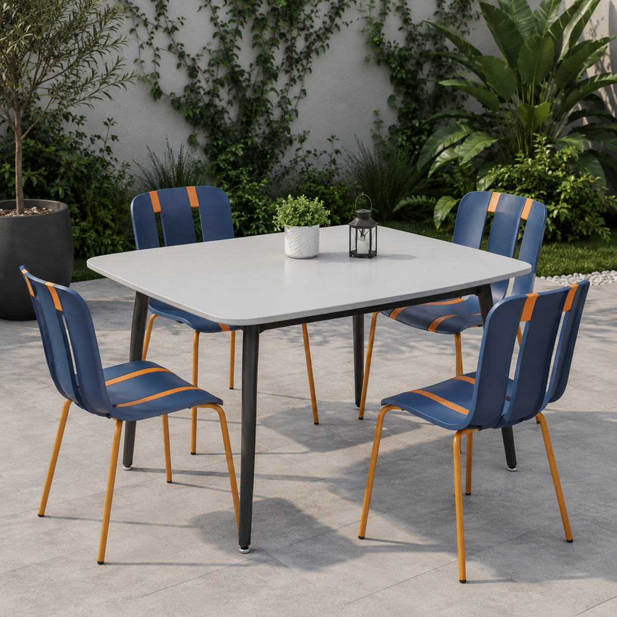 Ceramic Dining Table, White  Finish 118x78cm With 4 Blue  Chairs