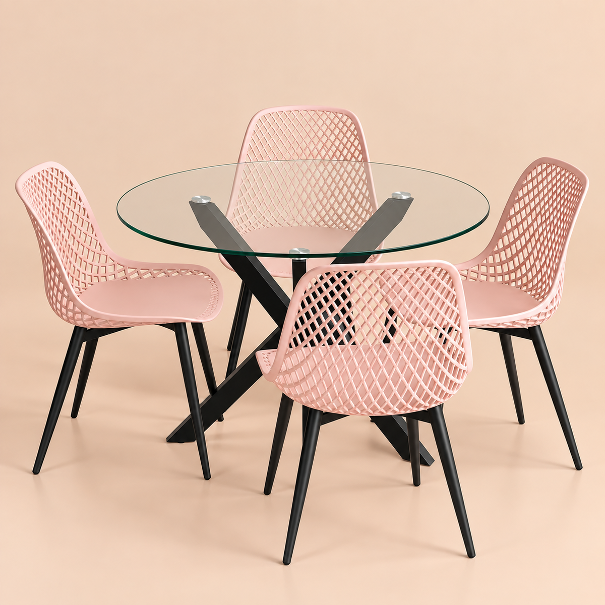 Modern Glass Table 90cm With 4 Pink  Chairs