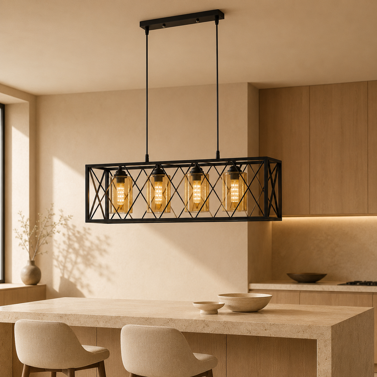 E32-4BK'' 4-Light Linear Pendant Light, Black Finish