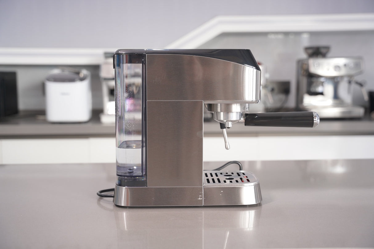 Stainless steel espresso machine on a kitchen counter