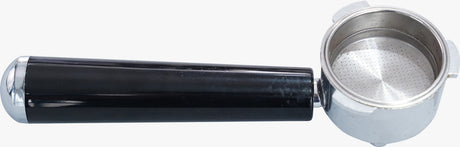 Coffee filter holder with black handle and metal filter on a white background