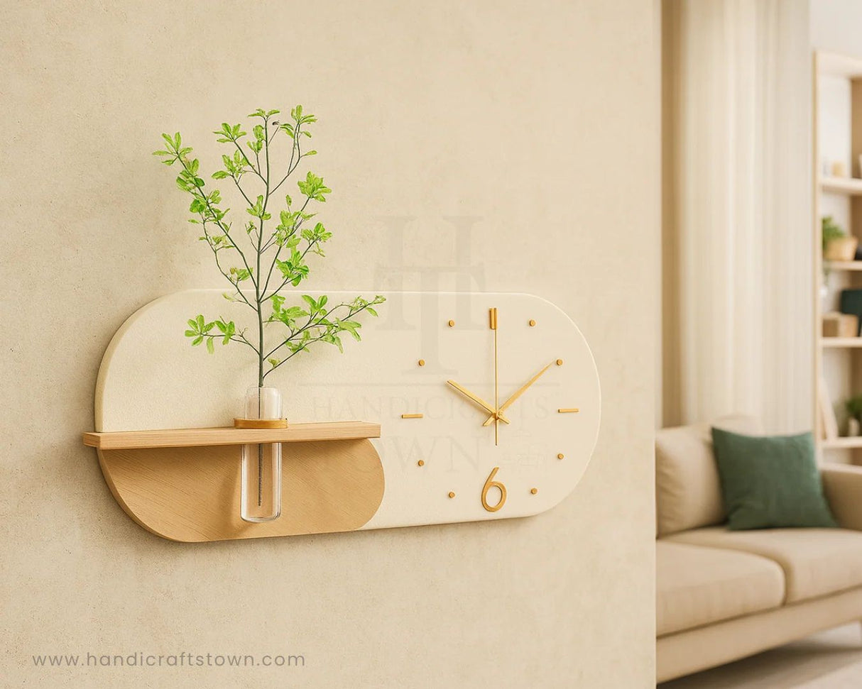 Decorative wall clock with plant shelf in a living room setting