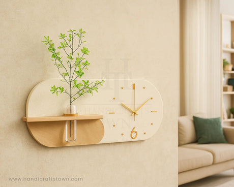 Decorative wall clock with plant shelf in a living room setting