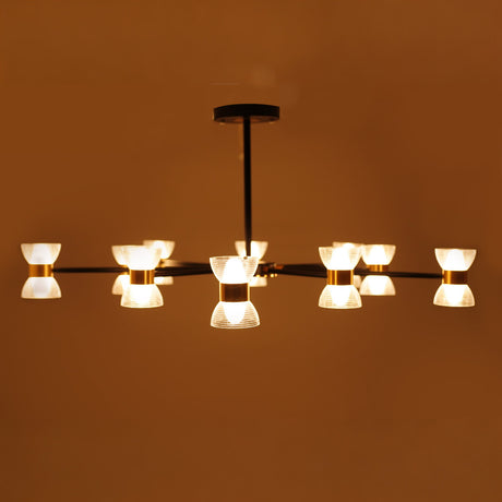 A sleek black linear chandelier with multiple arms, each holding a small white conical glass shade, mounted on a square ceiling base in a minimalistic setting.