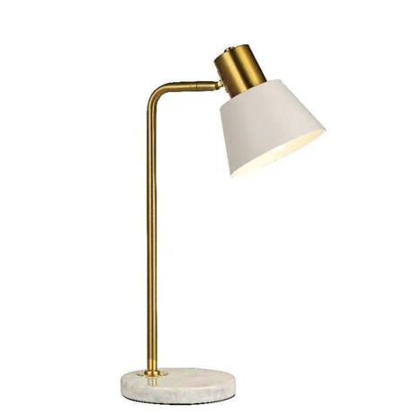 Table lamp with gold arm and white shade on a white background
