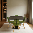 Dining area with a square table and green chairs in a room with a bookshelf and decorative plant.