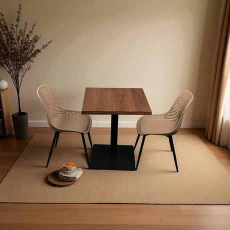 Dining area with a wooden table and two chairs on a beige rug.