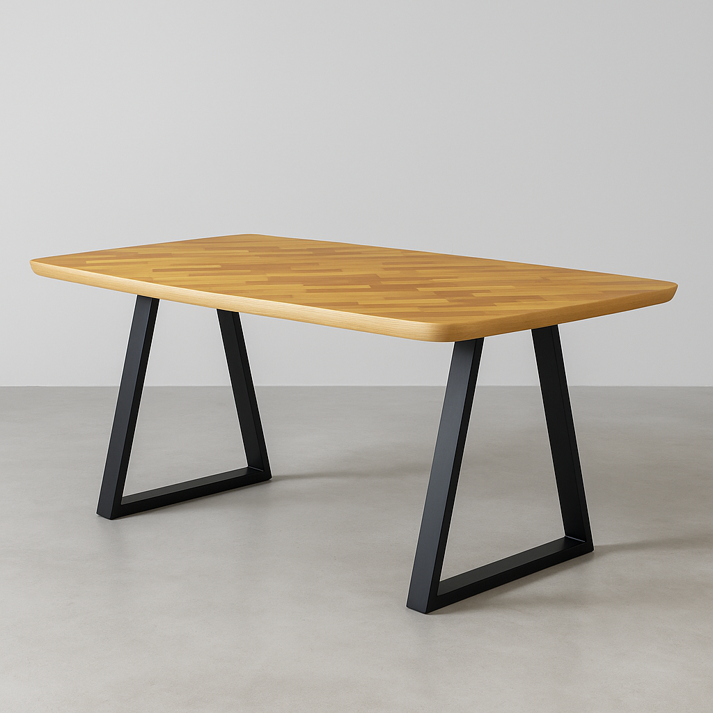 Wooden table with black metal legs on a plain background