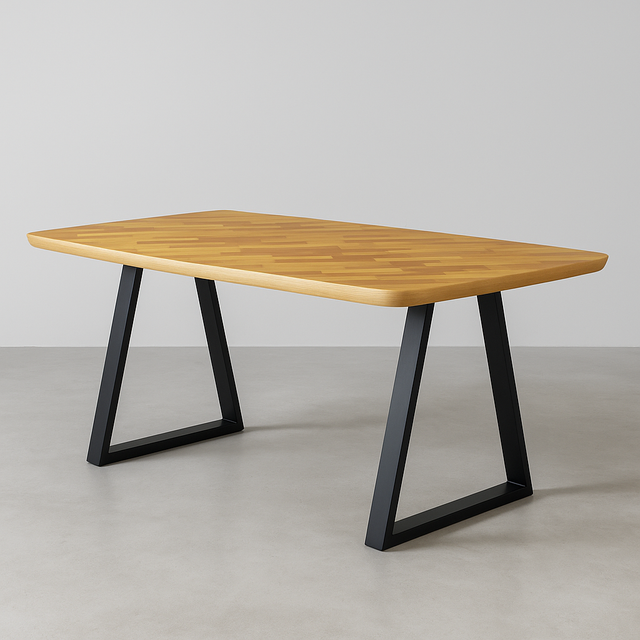 Wooden table with black metal legs on a plain background