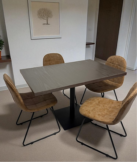 Dining table with four chairs in a room with a plant and wall art.
