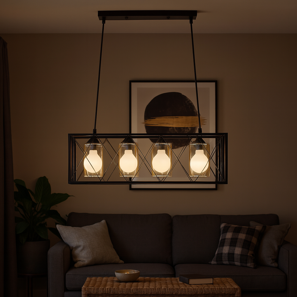 Modern chandelier with three lit bulbs hanging above a dark gray sofa in a dimly lit room.
