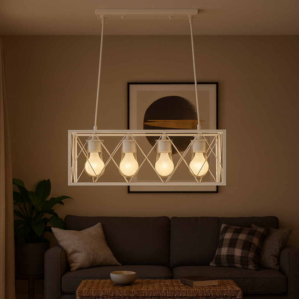 Modern chandelier hanging above a living room with a sofa and coffee table.