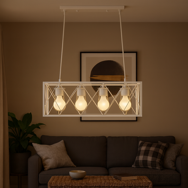 Modern chandelier hanging above a living room with a sofa and coffee table.