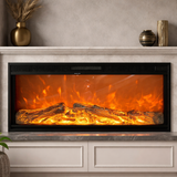 Electric fireplace with glowing logs on a white wall with decorative items.