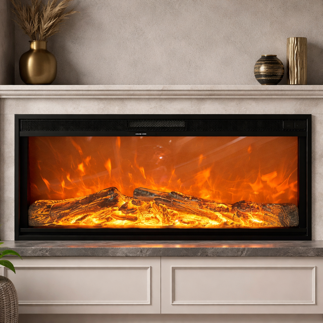 Electric fireplace with glowing logs on a white wall with decorative items.