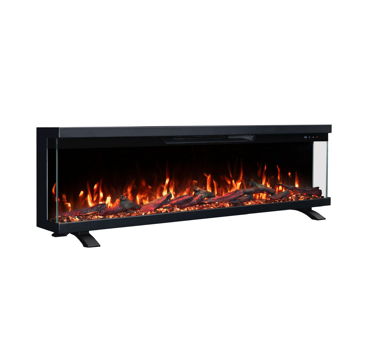 Electric fireplace with glowing logs on a white background