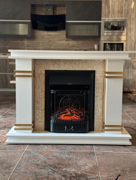 A modern white and wood fireplace mantel with a black electric fireplace insert, showcasing a contemporary aesthetic with a warm glow.