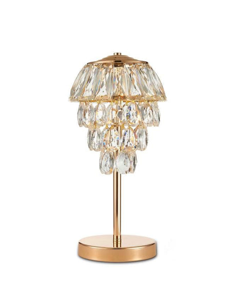 This table lamp features a gold base with a slender stem, topped by cascading crystal pendants arranged in tiers. 