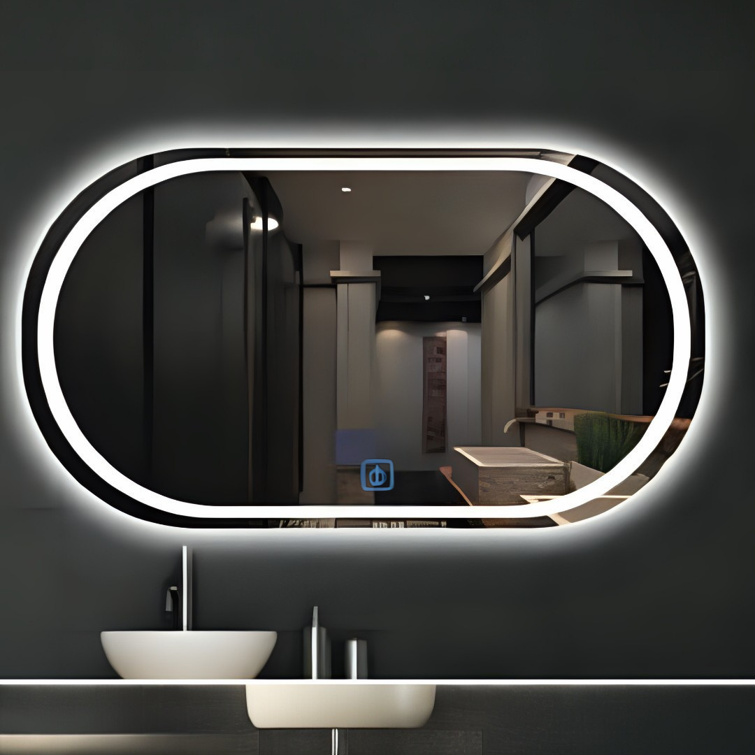 Bathroom with a large oval mirror with LED lighting, sink, and dark walls.