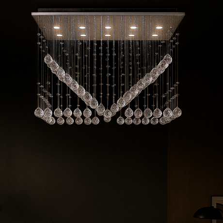 Modern chandelier with crystal accents on a black background