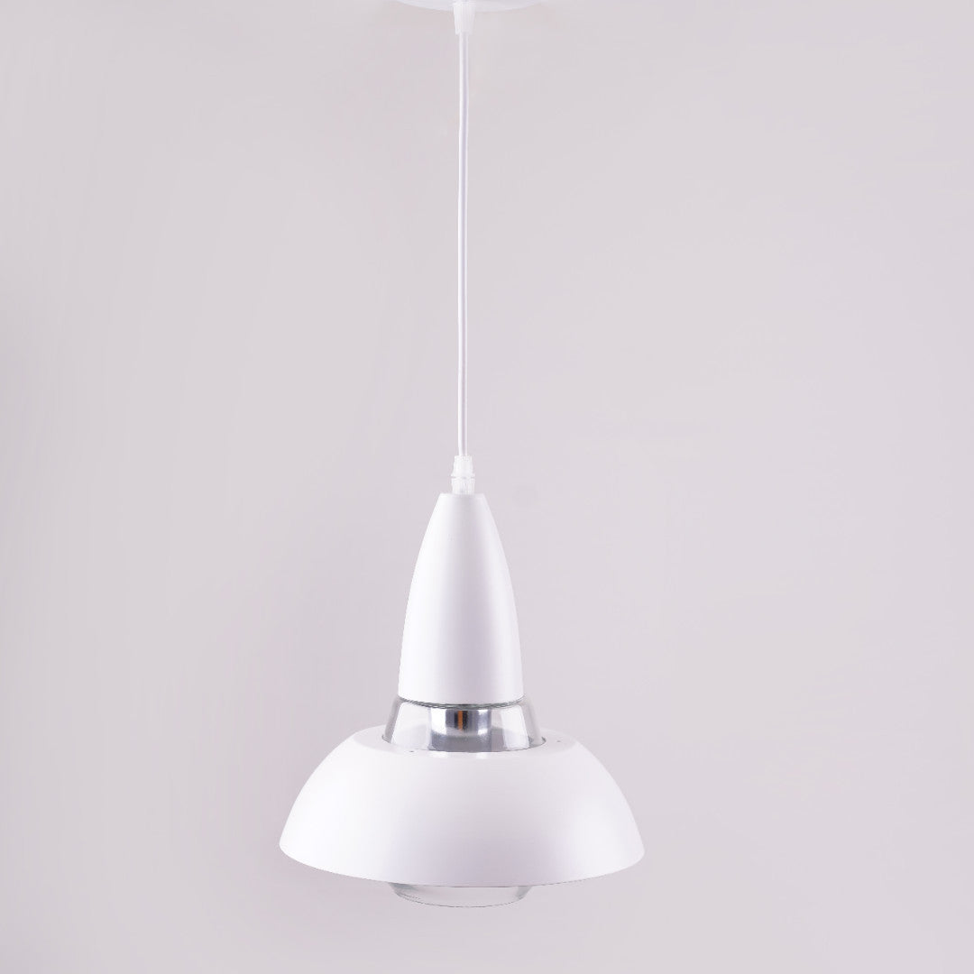 A white and silver pendant light with a conical shape, suspended from a white ceiling.
