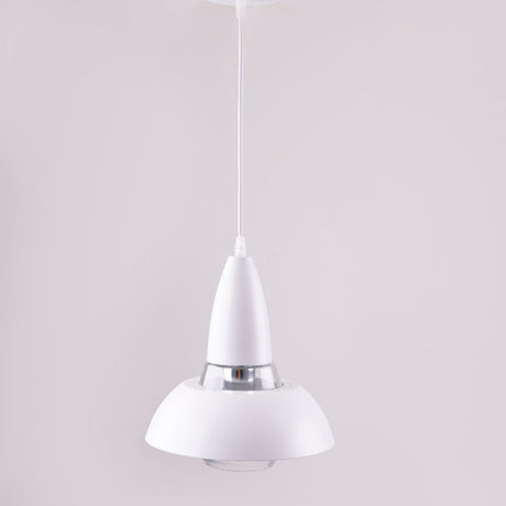 A white and silver pendant light with a conical shape, suspended from a white ceiling.
