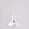 A white and silver pendant light with a conical shape, suspended from a white ceiling.
