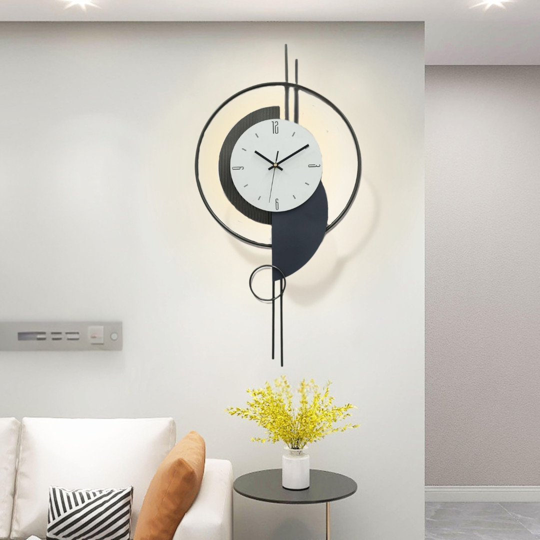 Modern wall clock with decorative elements in a living room setting