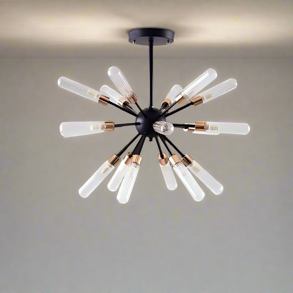 A black chandelier with long, exposed tube bulbs arranged in a off white ceiling