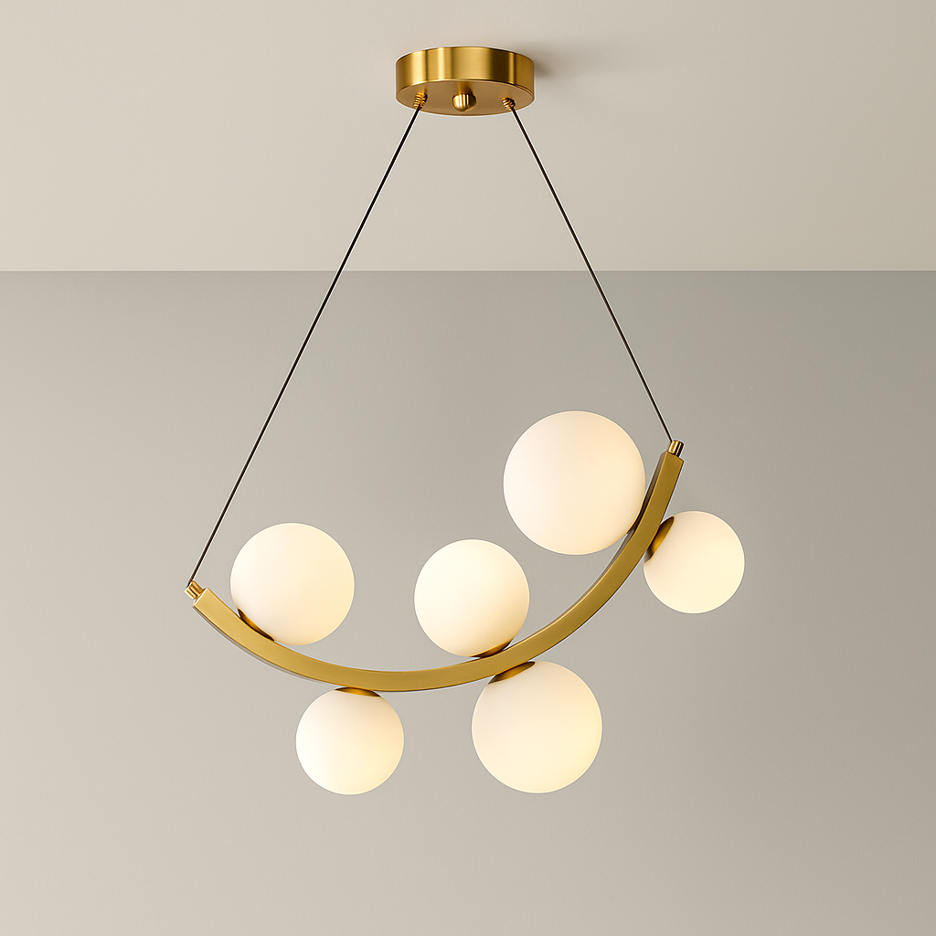 Modern pendant light with gold frame and white spherical bulbs on a neutral background