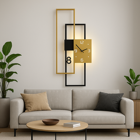 Modern rectangular wall clock in black and gold metal with warm LED backlight, mounted above a beige sofa in a minimalist living room. The clock features geometric frames and a square face with white numerals, adding a sleek contemporary touch to the interior décor.