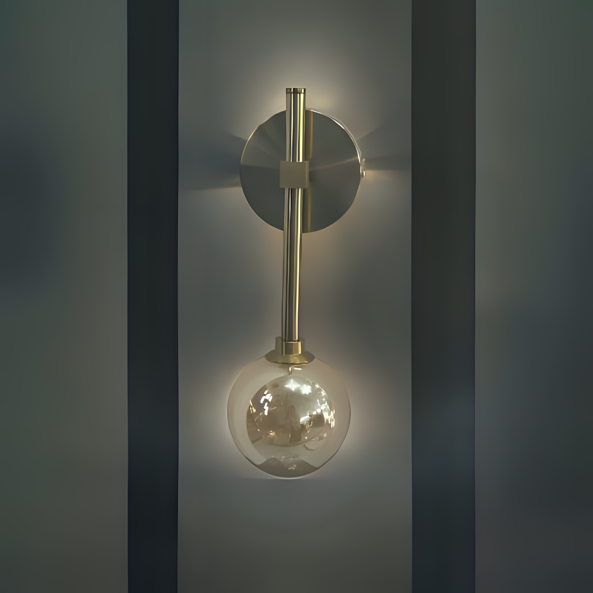 A wall light gold fixture with a beige glass globe equipped with a led lamp  hanging from a slim vertical rod, fixed on a dark wall.