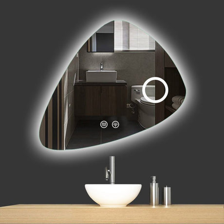 Bathroom vanity with a large illuminated mirror reflecting the bathroom interior.