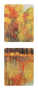 Two abstract art prints with autumnal colors on a white background