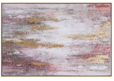 Abstract art piece with gold and pink accents on a white background