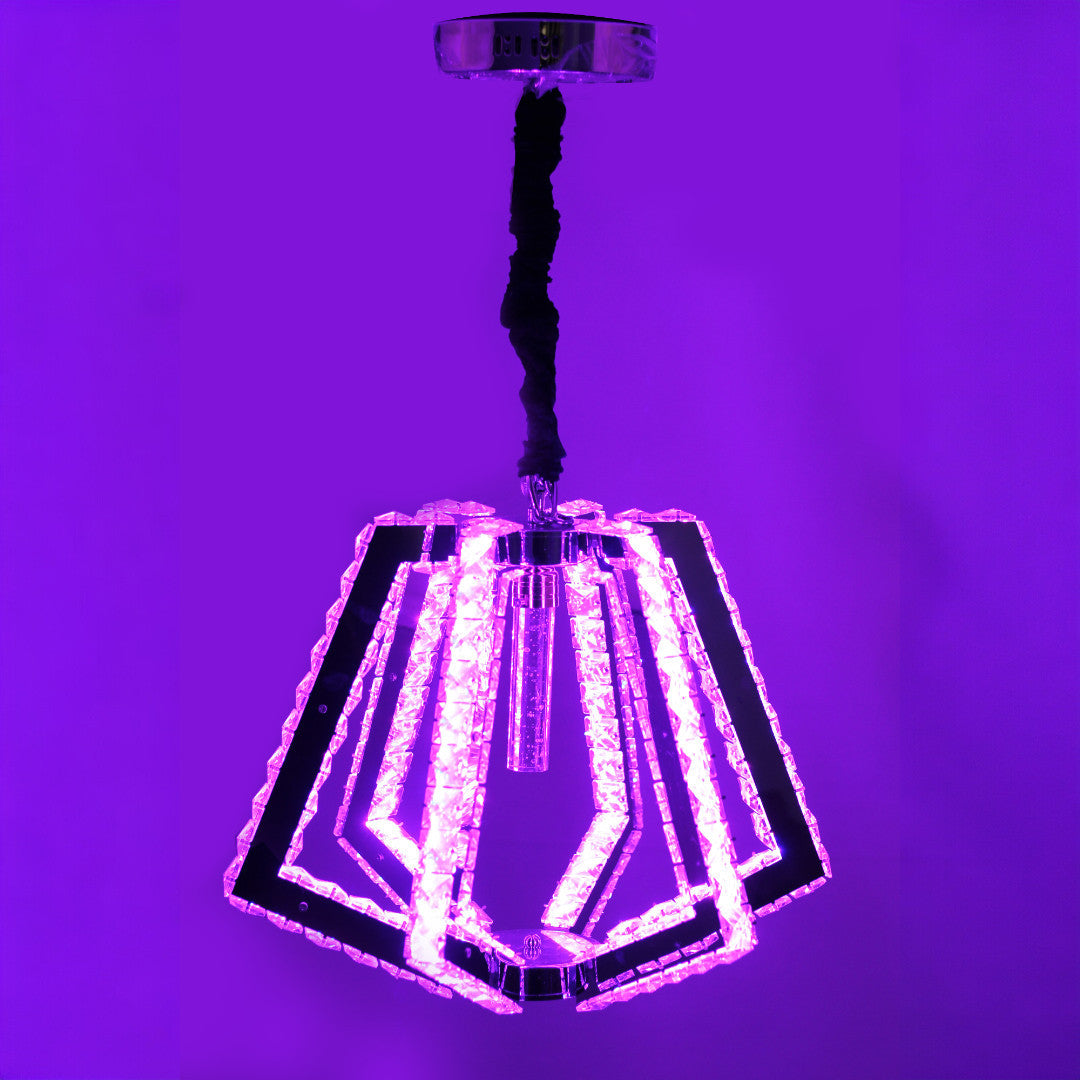  crystal pendant chandelier with angular, layered clear glass and mirrored frame elements, illuminated with purple light, suspended from a black cord.