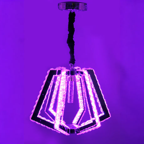  crystal pendant chandelier with angular, layered clear glass and mirrored frame elements, illuminated with purple light, suspended from a black cord.