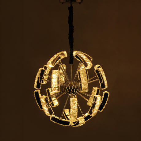 A contemporary circular crystal pendant chandelier with a layered design, featuring clear glass panels and a mirrored frame, suspended against a light background.