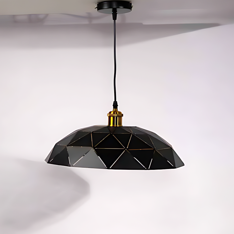 A black pendant light of the geometric dome pendant light with a gold accent at the top.